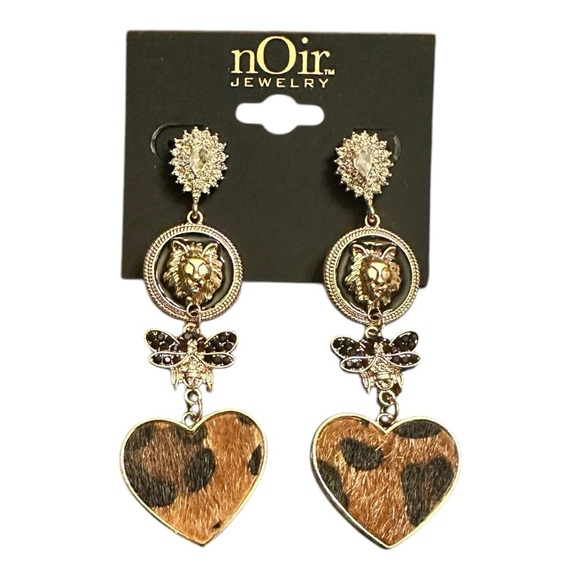 Noir Jewelry Leopard Heart Statement Earrings – Gold & Crystal Drop Earrings - Picture 1 of 5
